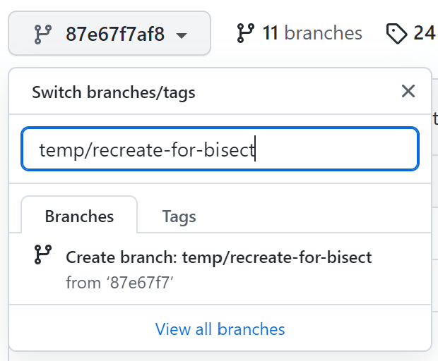 The GitHub branch switcher, with a new branch name typed into the textbox, illustrating that GitHub offers to create a new name with this branch for the selected commit