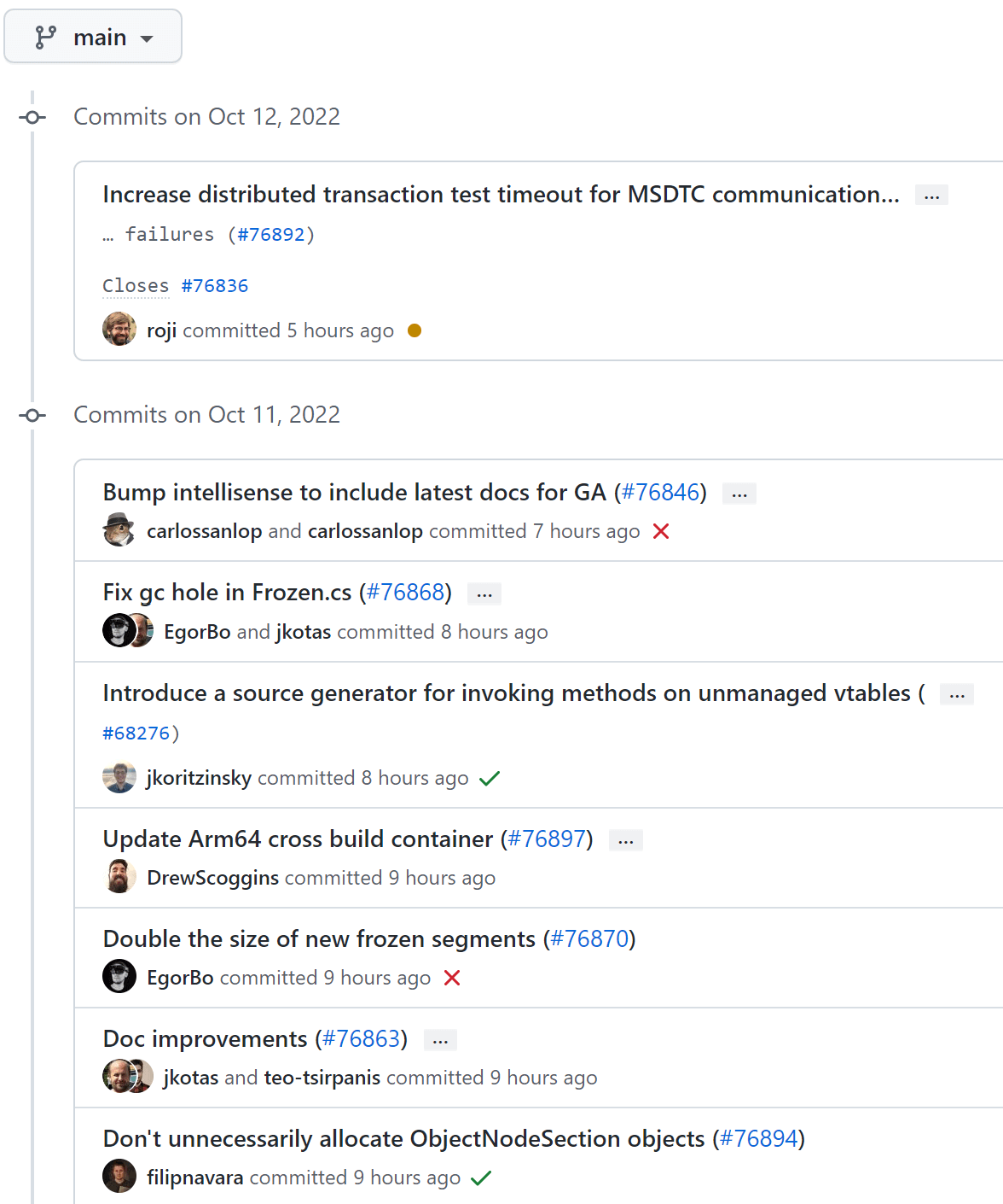 GitHub commit history for the dotnet runtime repository, showing a series of commit messages, each of which ends with a hash symbol and a number, which is a clickable link