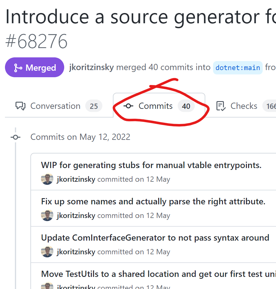 A pull request on GitHub, with the Commits tab highlighted, showing the start of the complete unsquashed commit history for that PR