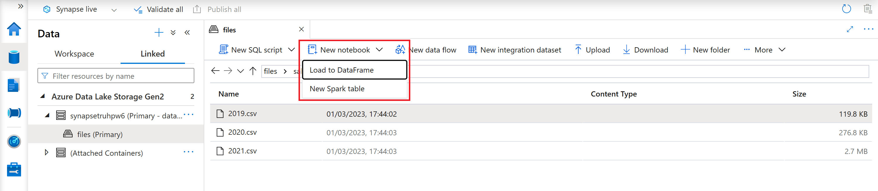 Create a new Synapse Notebook from a csv file in a Data Lake.