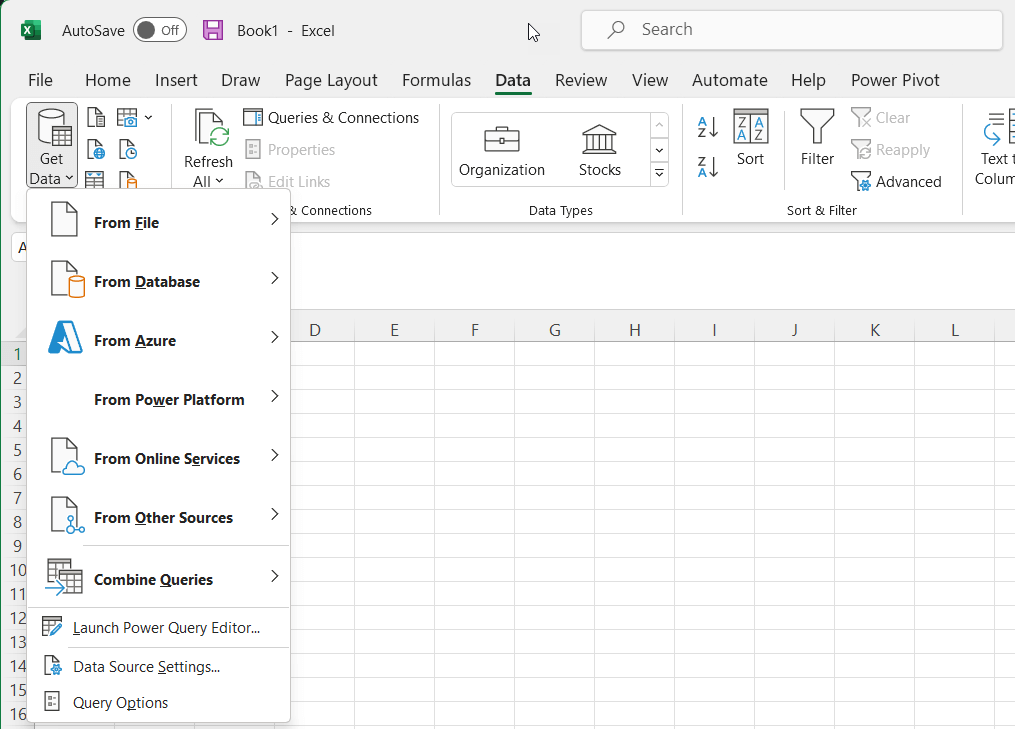 Screenshot of 'Get Data' menu expanded in Excel