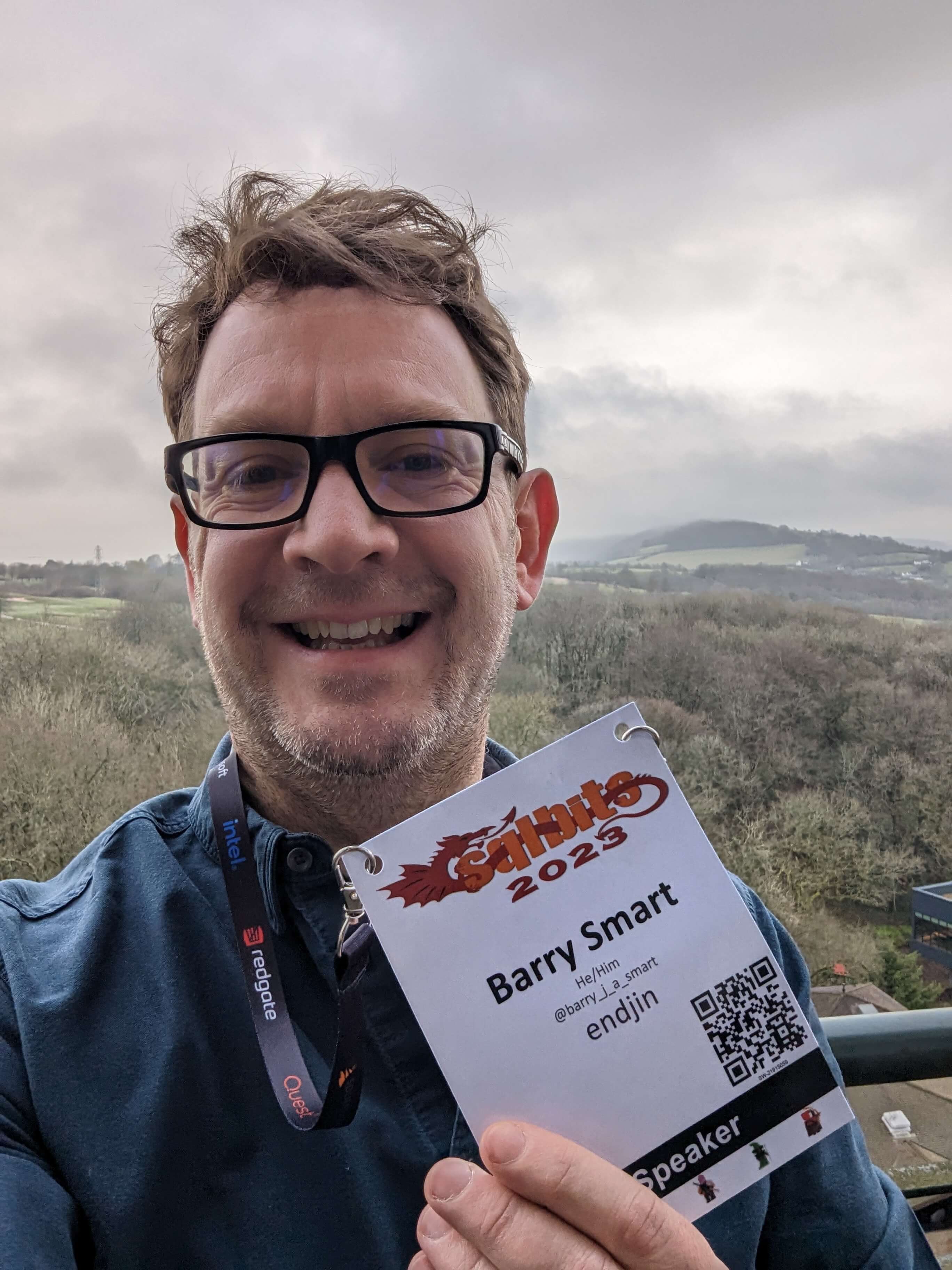 Grinning Barry with his conference speaker ID badge