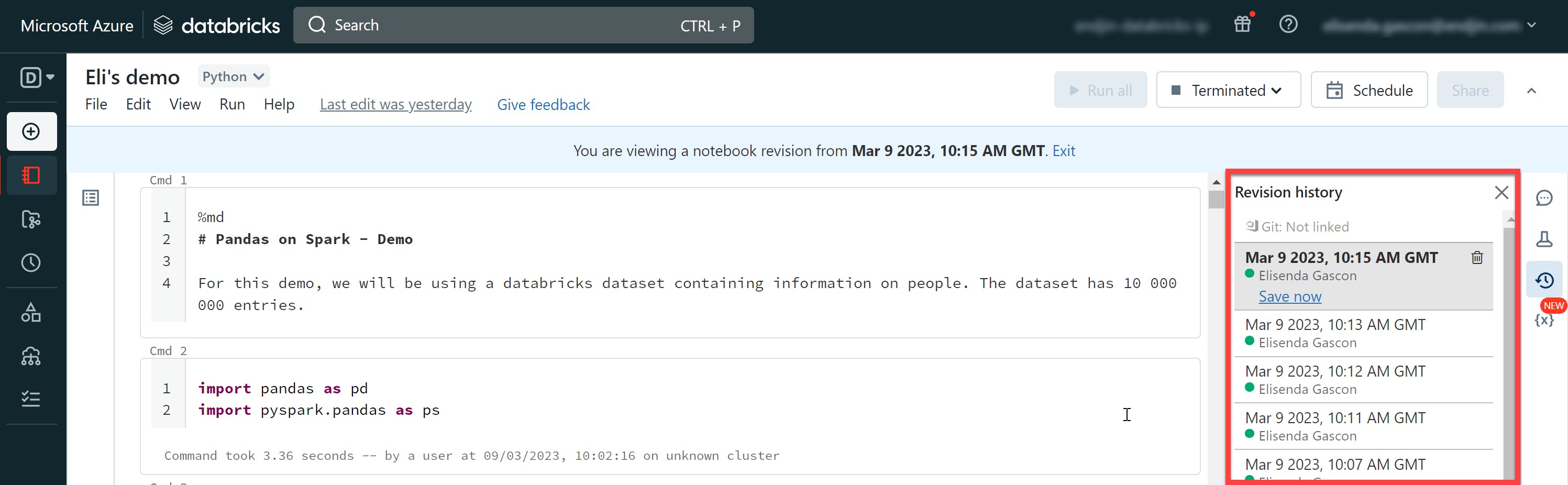 SHowing a screenshot of the revision history panel of a Databricks notebook.