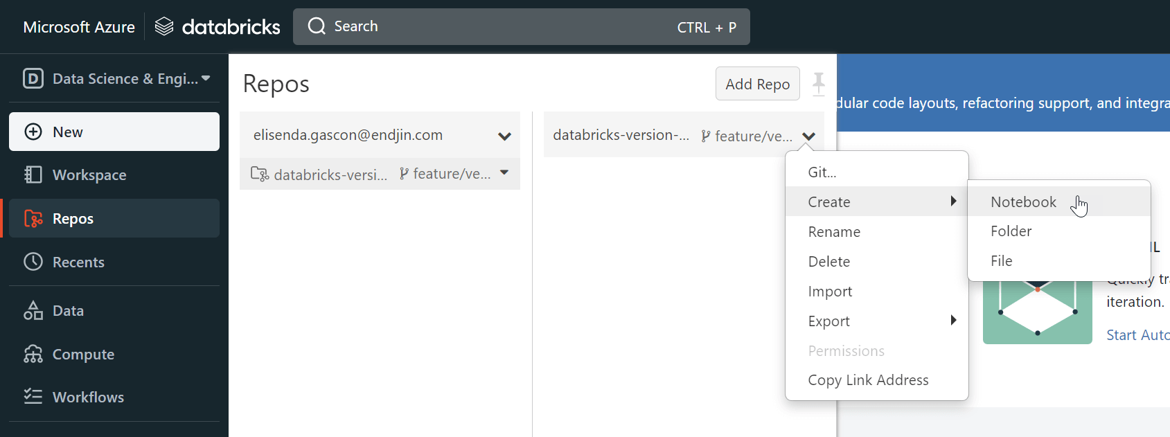 Showing a screenshot of Databricks. Under the repos menu, hovering over the repo shows the option the create a new notebook.