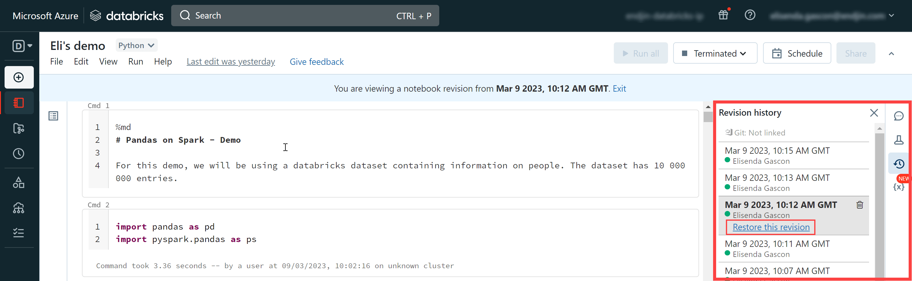 Showing a screenshot of the revision history panel of a Databricks notebook. The "Restore this revision" link is highlighted.