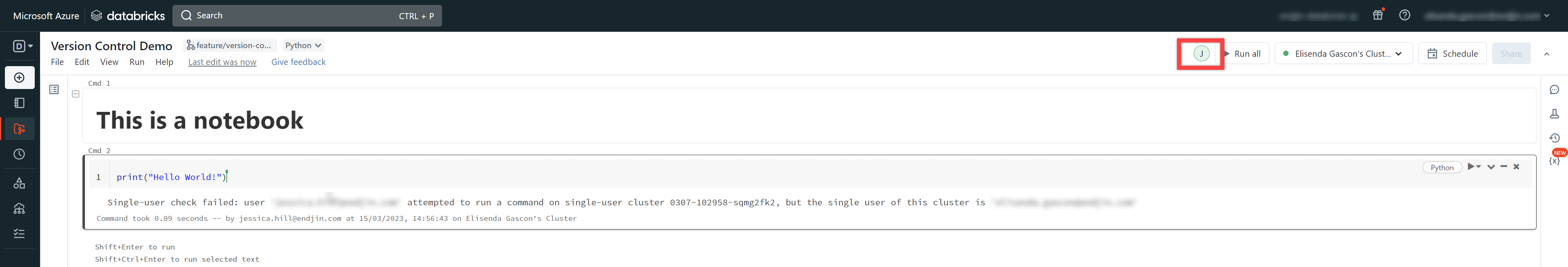 Screenshot of a Databricks notebook. At the top of the page, you can see the initials of my colleague who's editing the notebook. You can also see their cursor on the cell they're editing.