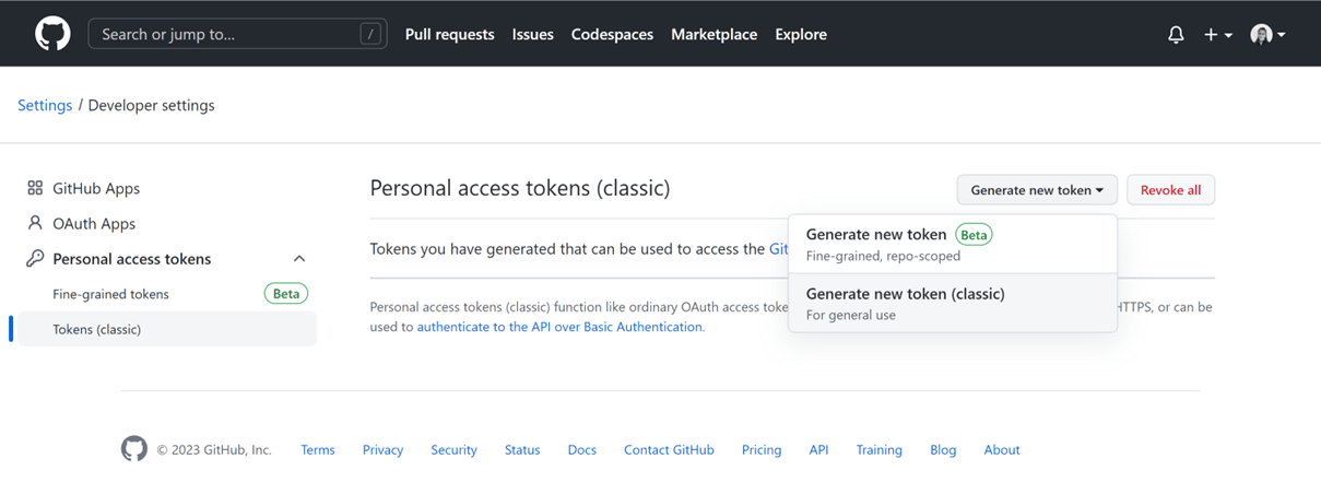 Showing a screenshot of GitHub in Settings > Developer Settings, > Personal access tokens. We are hovering over "Generate new token"