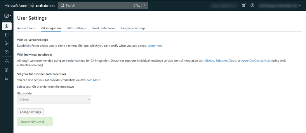 Showing a screenshot of Databricks. We're in the User Settings page, under the Git integration tab. We have set the Git provider to GitHub.