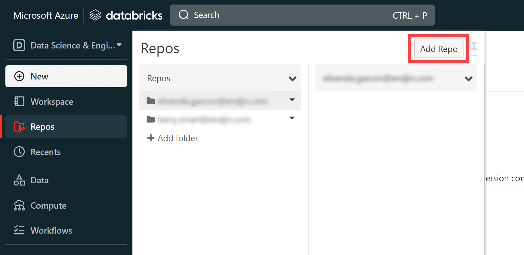 Showing a screenshot of Databricks. The Repos menu is expanded. The "Add Repo" button is highlighted.