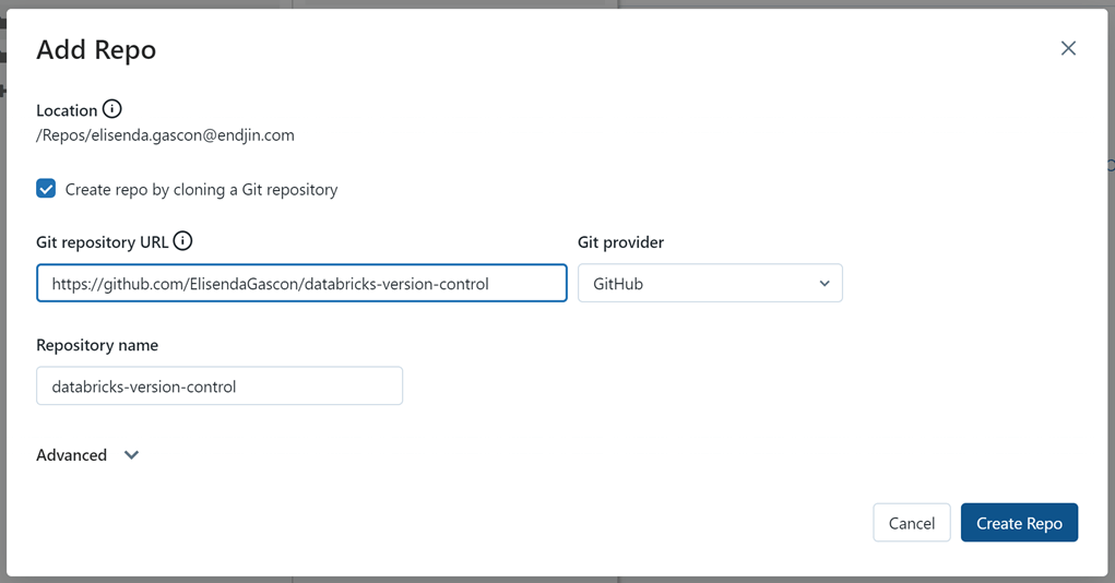 Showing a screenshot of the dialog box to add a repo. We have entered the URL to our Git repository and selected the Git provider as GitHub.