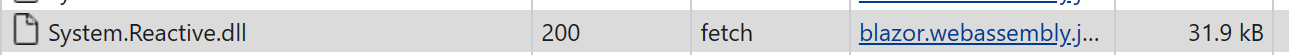 A web browser's development tools showing the System.Reactive file download size as 31.9kB