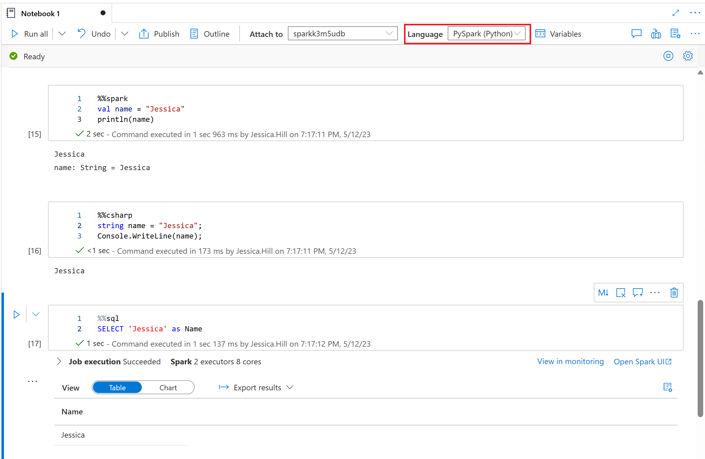 Example of switching between different programming languages using a magic command.