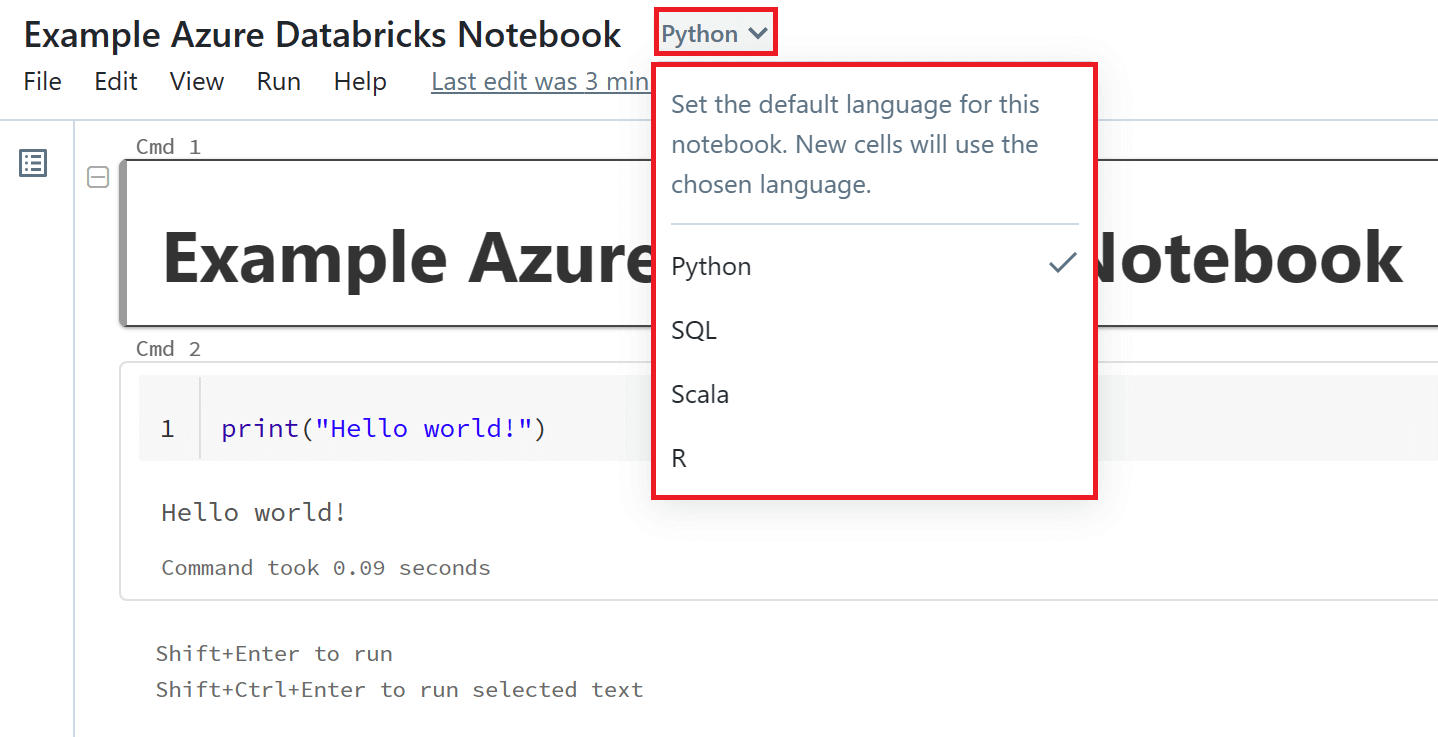 Setting default programming language in an Azure Databricks Notebook.