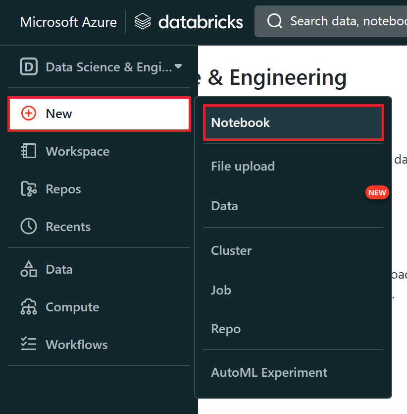 Creating an Azure Databricks Notebook in a default folder.