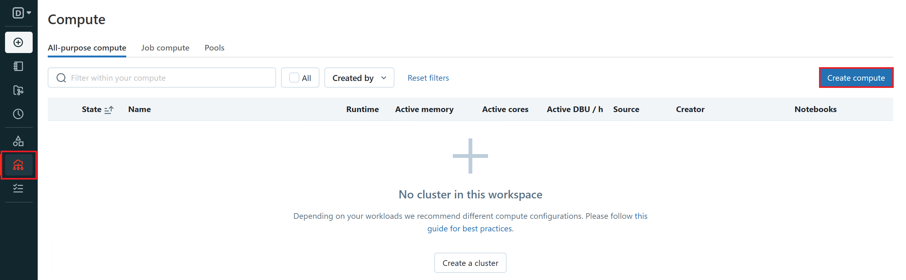 Creating a cluster in Azure Databricks.