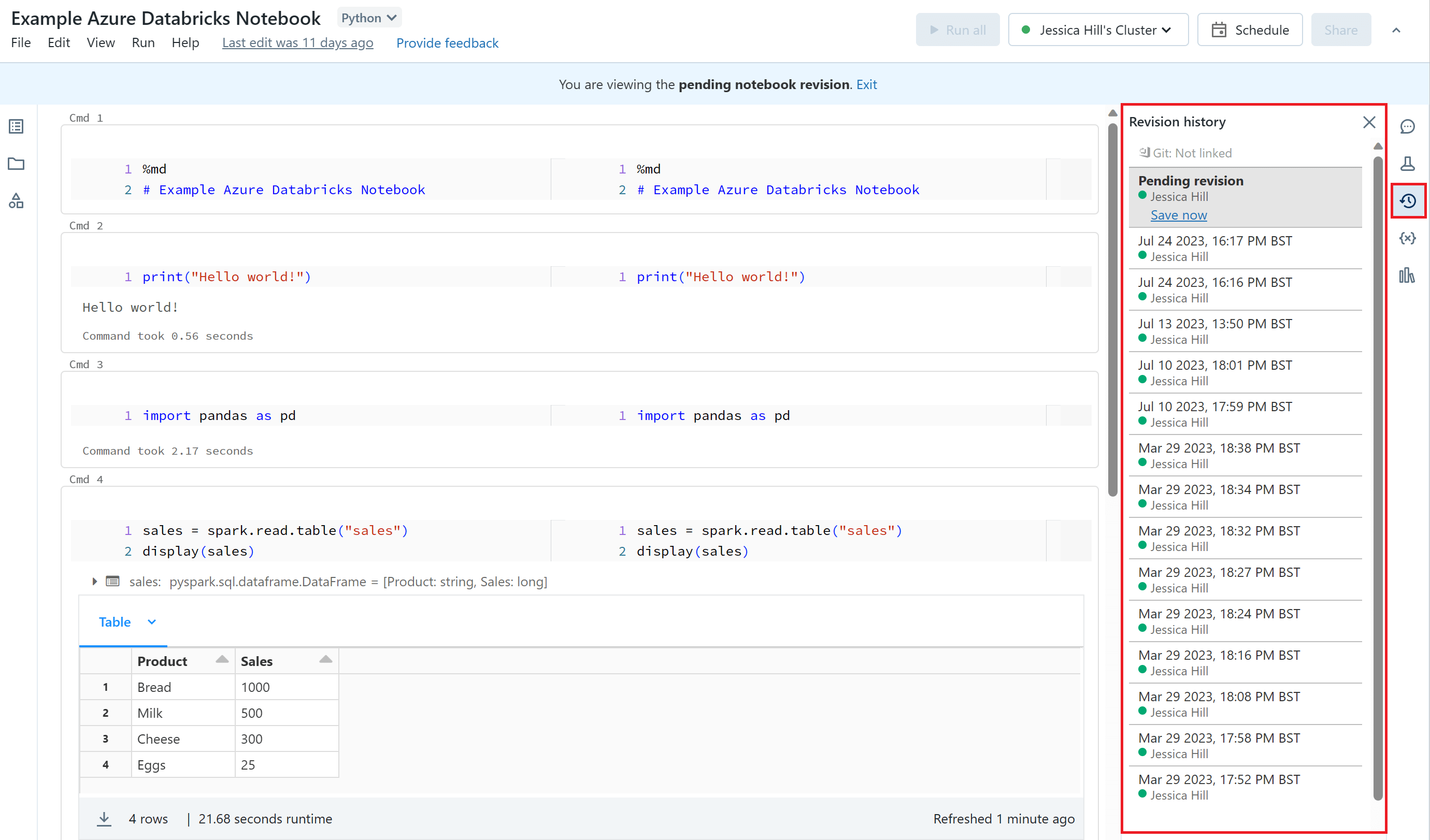 Revision History panel in an Azure Databricks Notebook.