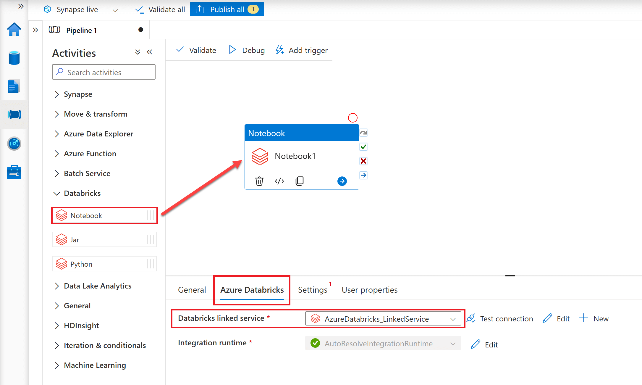 Adding Azure Databricks Notebook Activity to ASA Pipeline canvas and defining connection to Azure Databricks workspace.