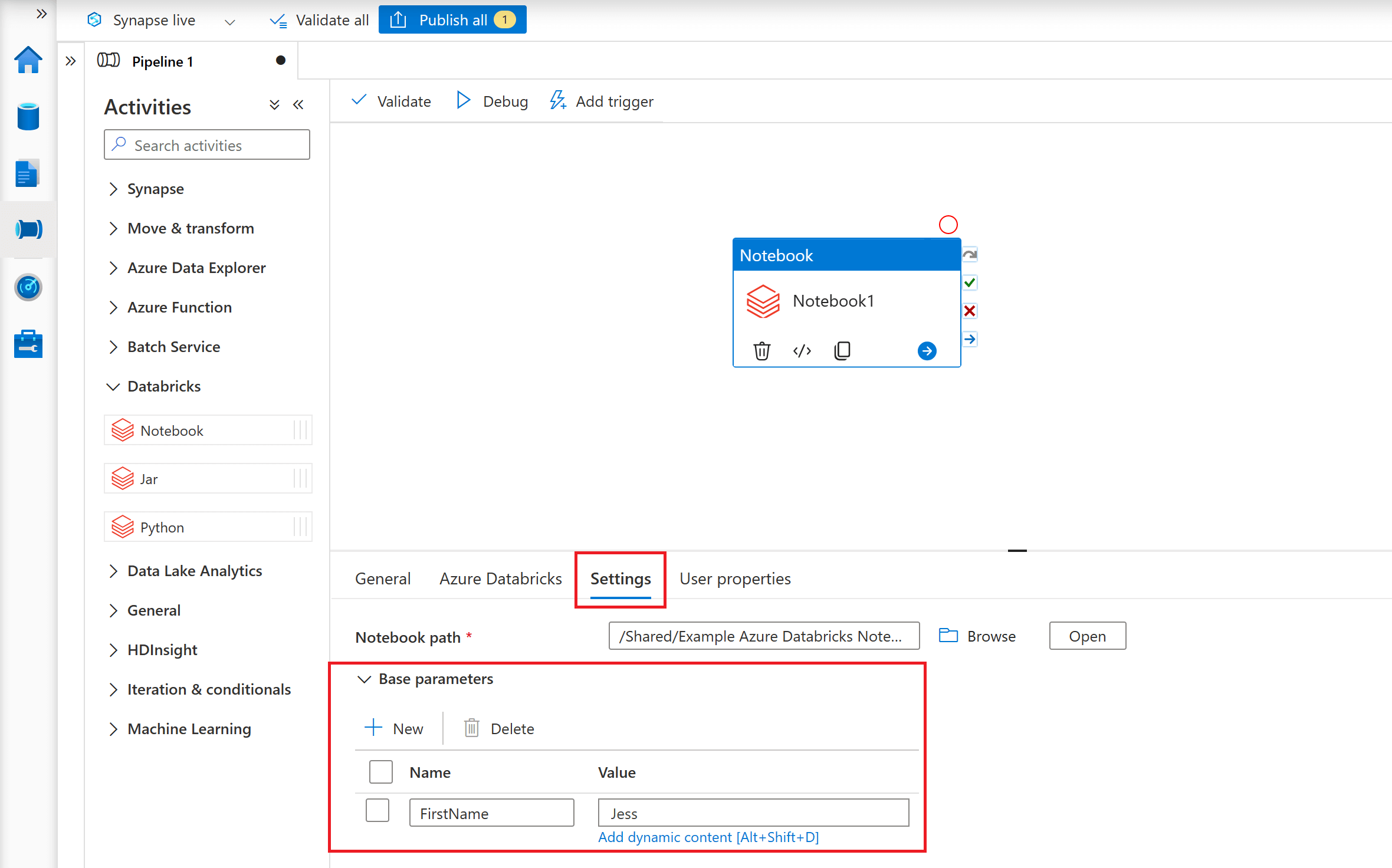 Defining a base parameter in a Notebook Activity.