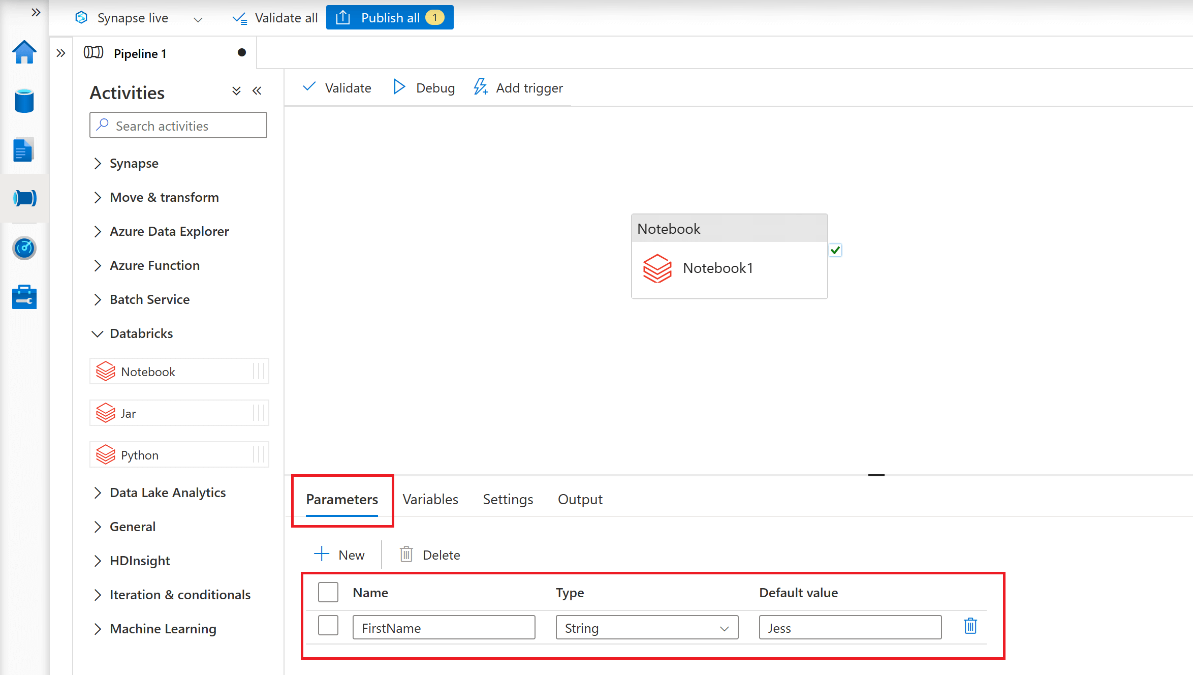 Defining a pipeline parameter in Azure Synapse Analytics.