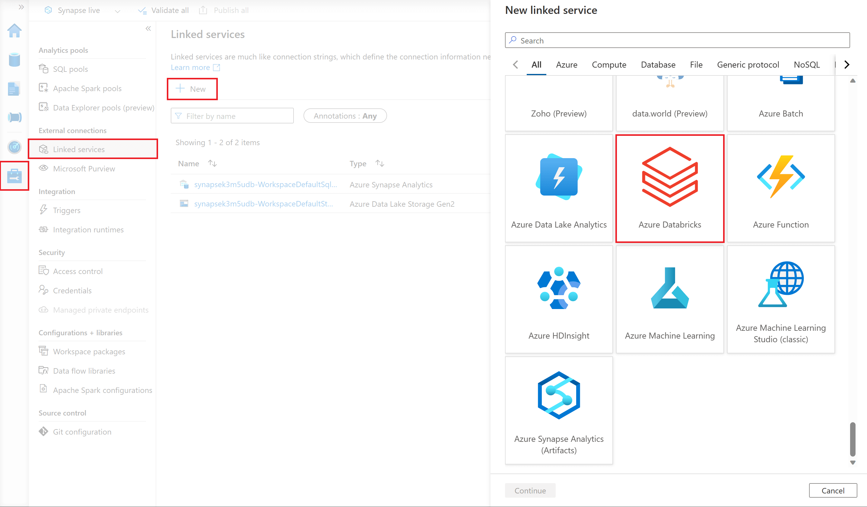 Generating a linked service in Azure Synapse Studio.