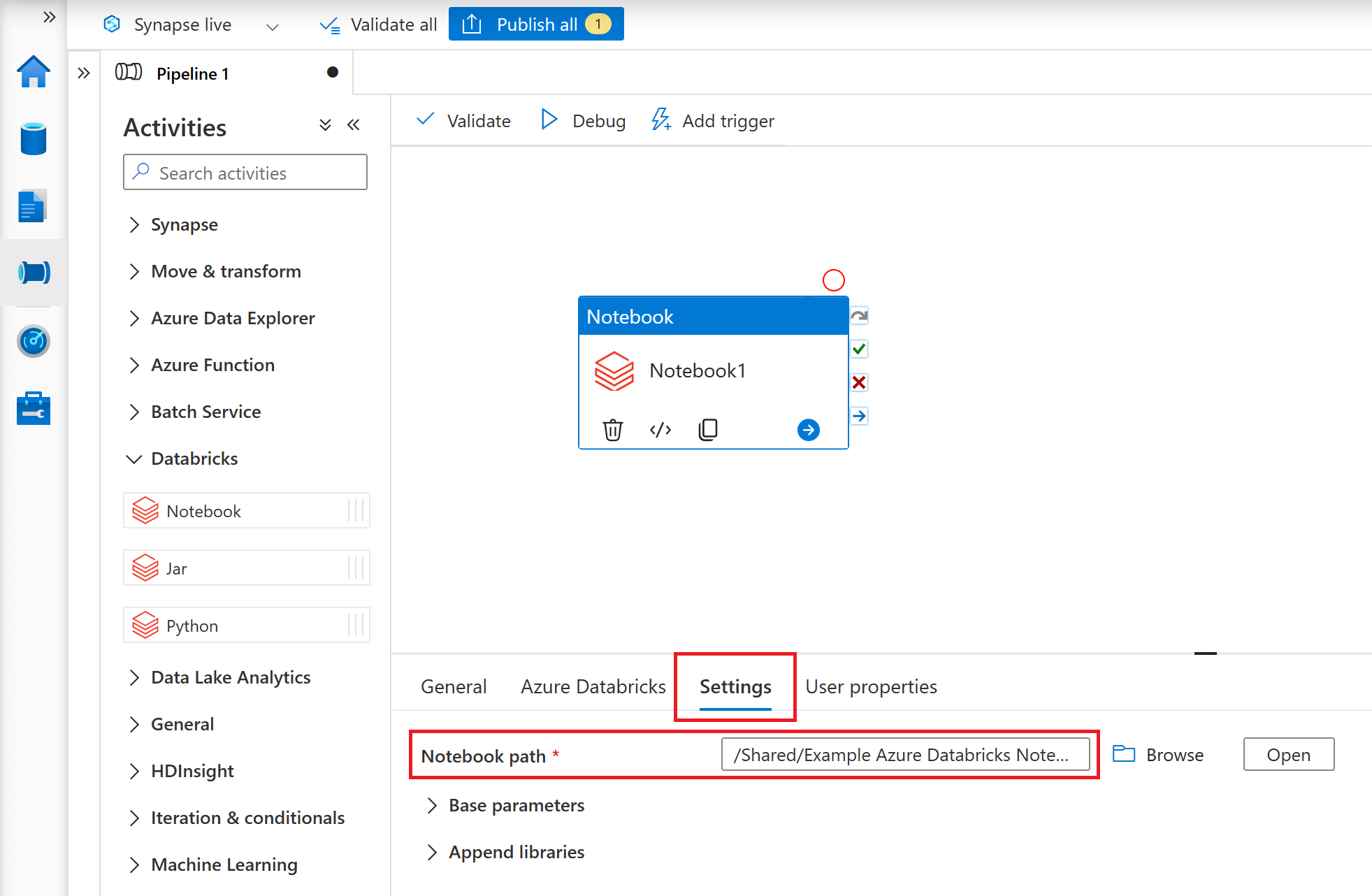 Specifying the notebook path of the notebook stored within the connected Databricks workspace.