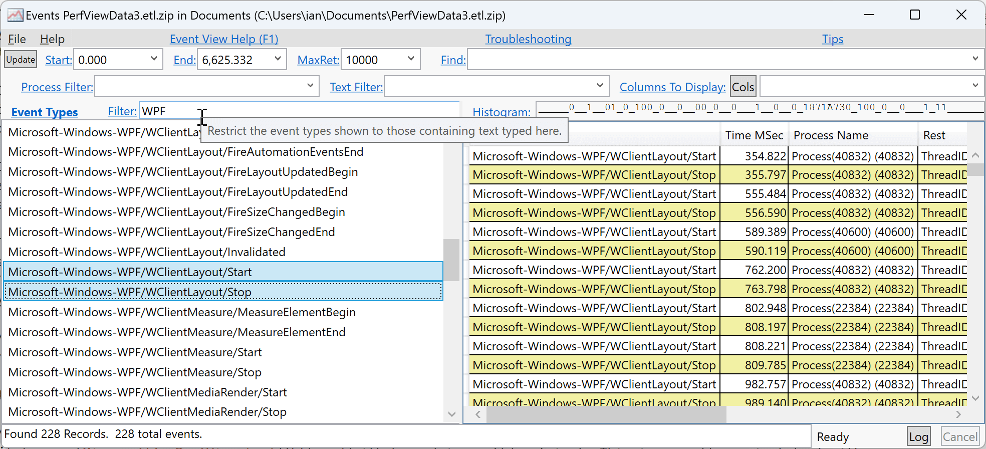 A PerfView Events window. The mouse cursor is over the Filter textbox, which contains the text WPF. The list of event types on the left shows various WPF event types, two of which have been selected: both event names start with the prefix Microsoft-Windows-WPF/WClientLayout/. This prefix is then followed by Start and Stop. With both of these selected, the right hand side shows all of the recorded events of these types.