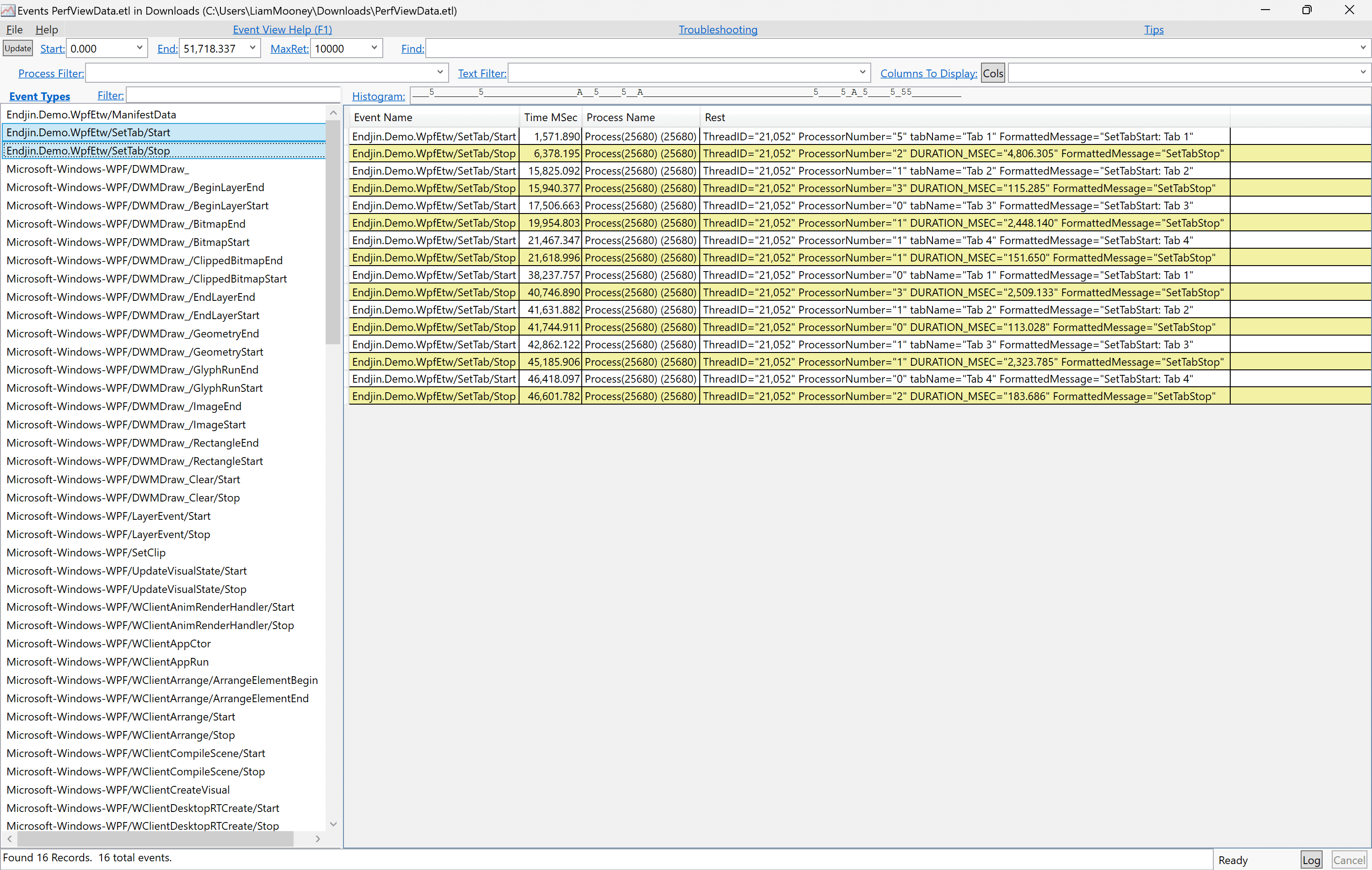 Shows view in PerfView after filtering for custom start & stop events