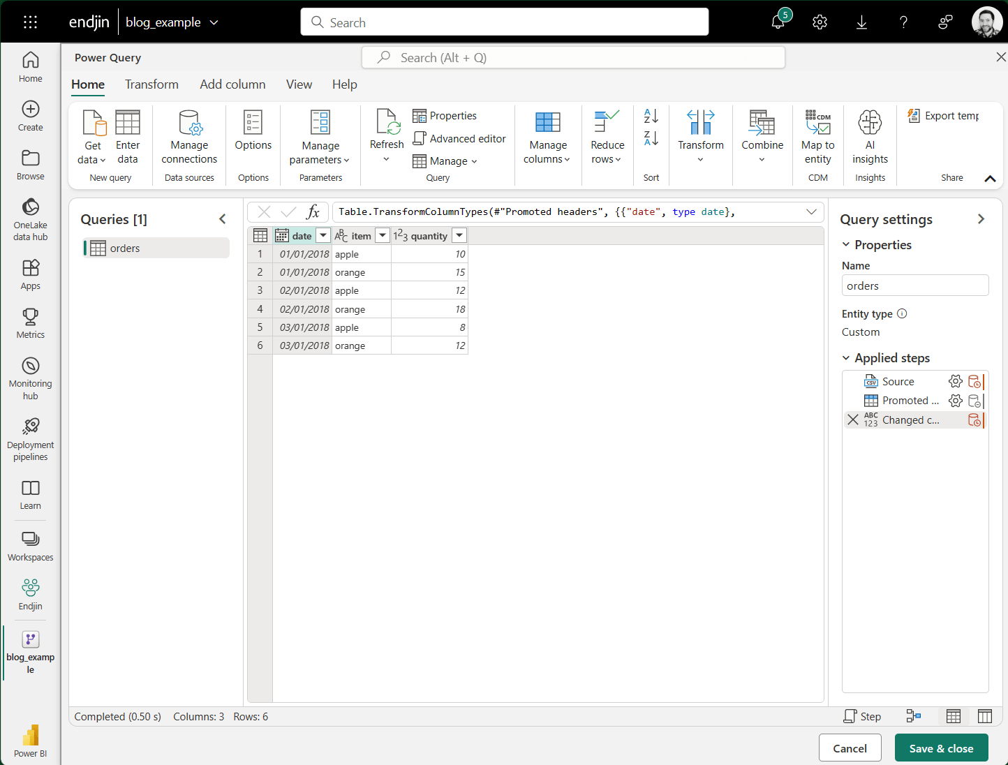 Screenshot of Power Query editor for a dataflow in Power BI online