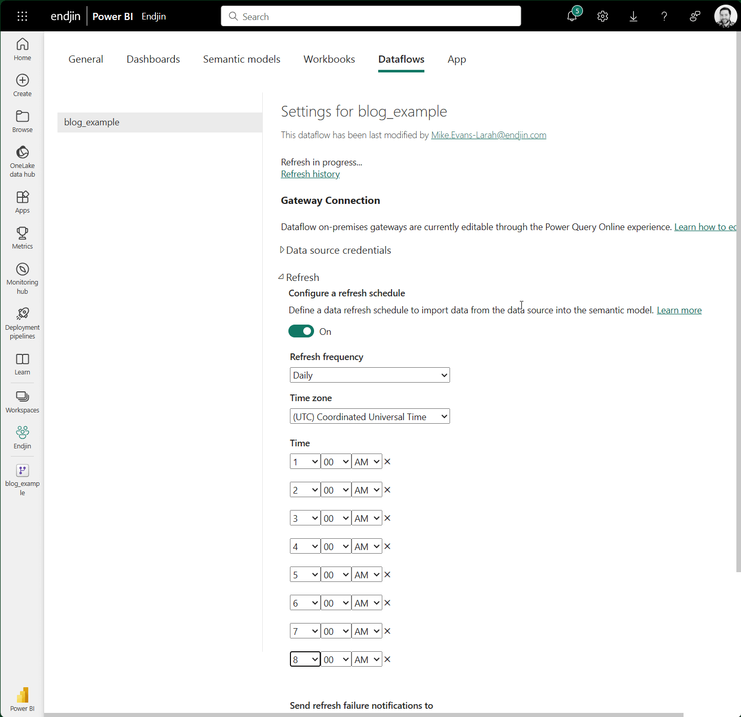 Screenshot of setting up scheduled refresh for a dataflow table in Power BI online