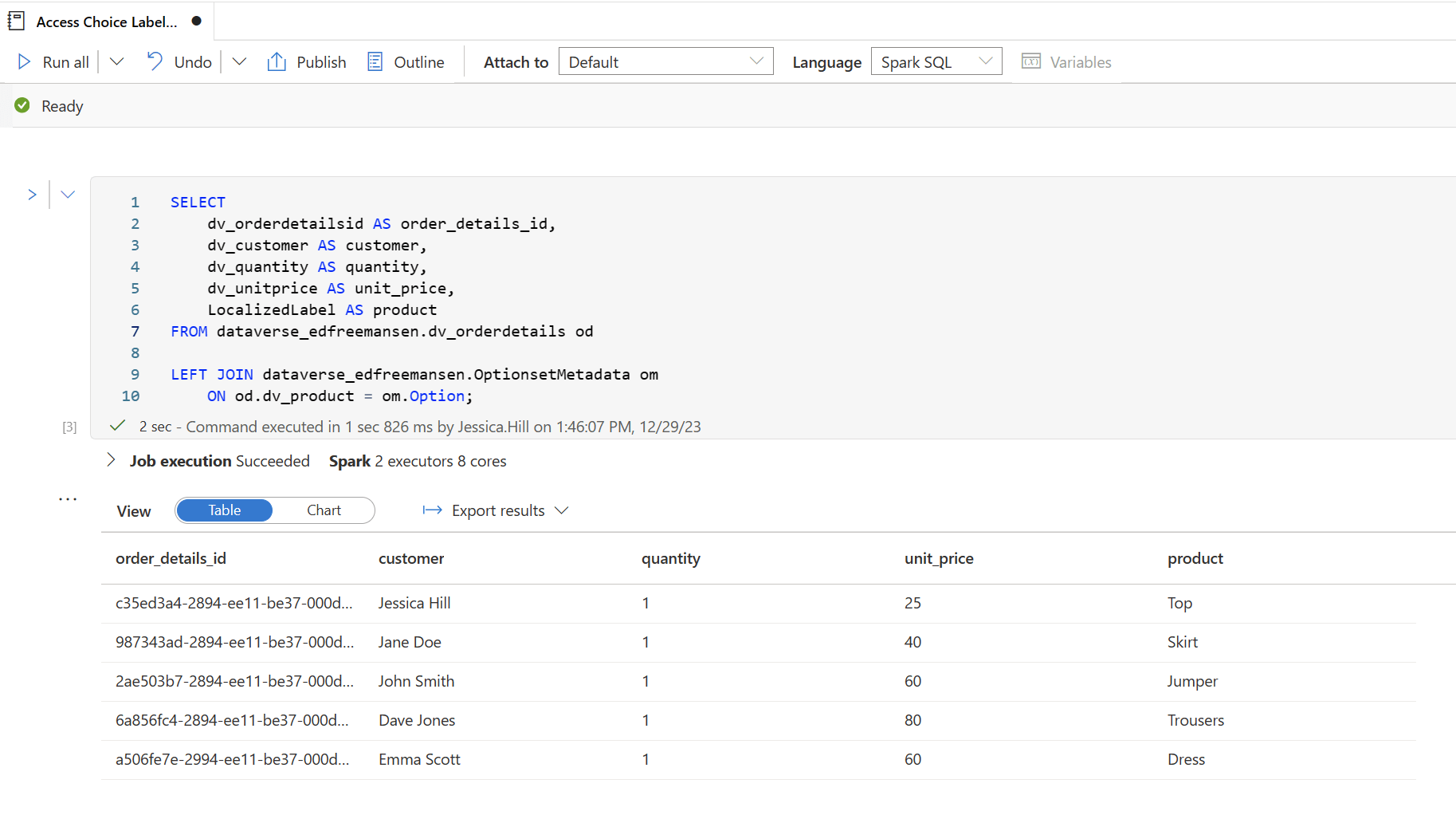 Result of Spark SQL query to select columns and replace numerical choice values with text choice labels.