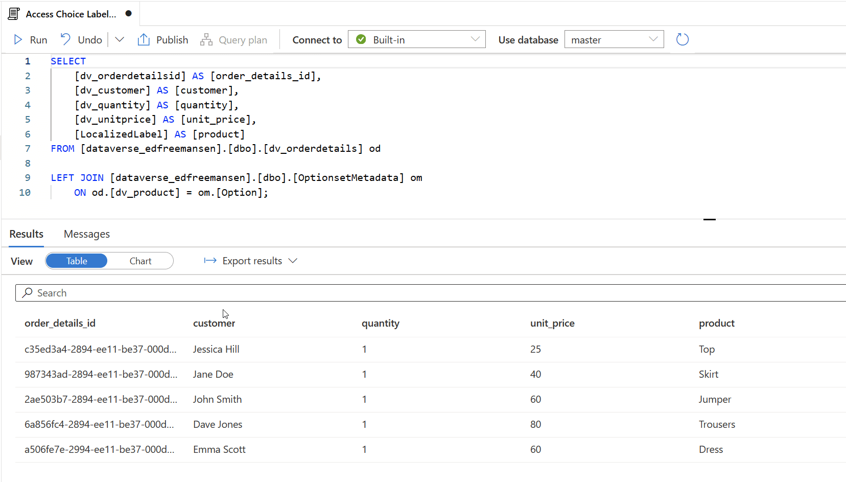 Result of T-SQL query to select columns and replace numerical choice values with text choice labels.