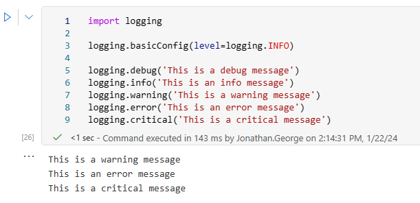 A partial screenshot showing that calling logging.basicConfig to set the log level to INFO prior to the original five logging statements has no effect