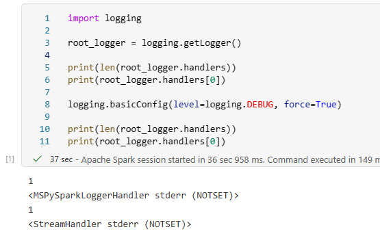 A partial screenshot showing that calling logging.basicConfig with the force parameter set to True results in the MSPySparkLoggerHandler being removed from the default logger