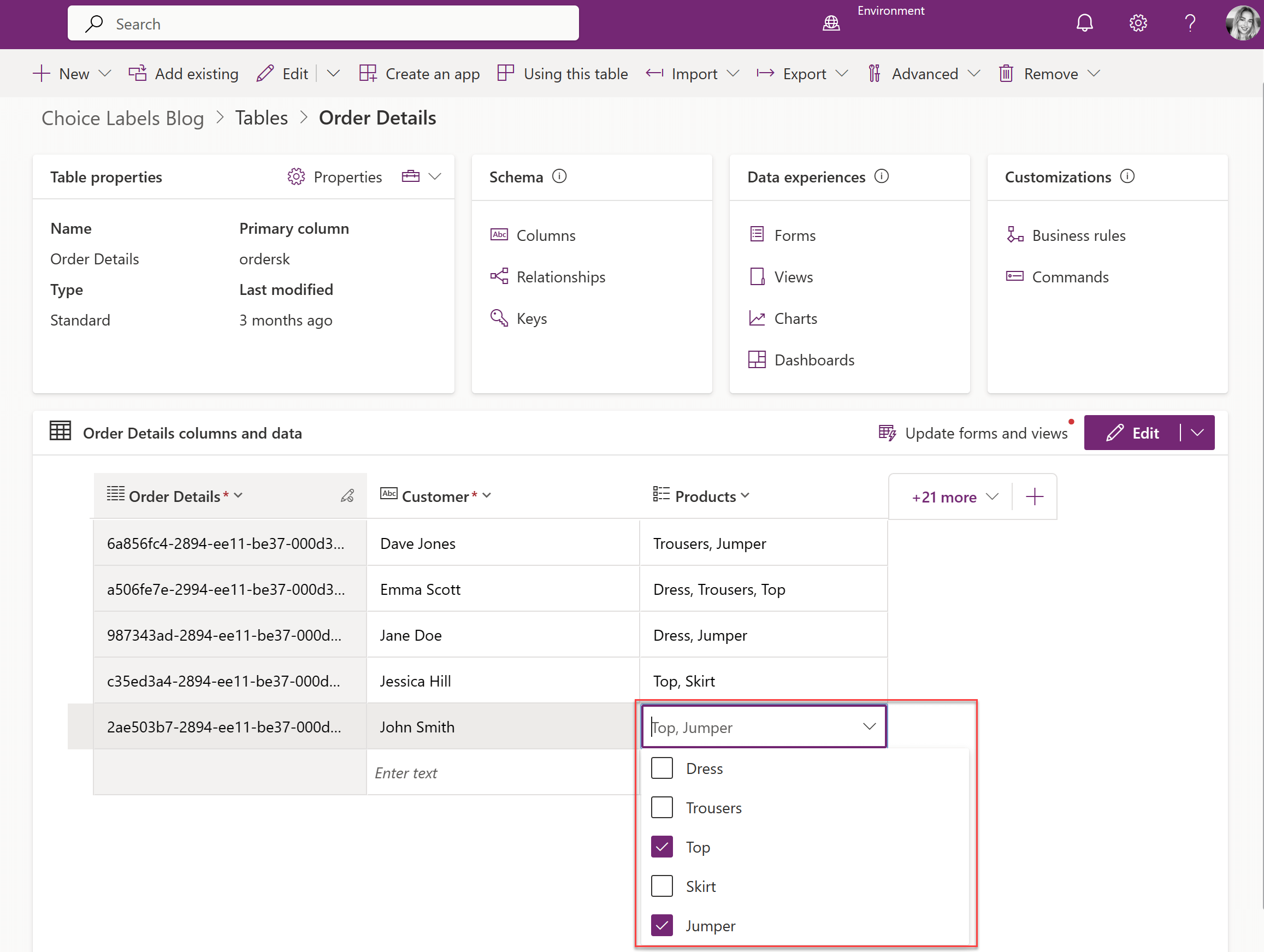 Dataverse multi-select choice column.