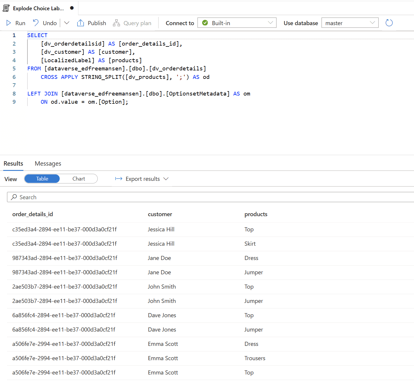 Result of T-SQL query to select columns and replace numerical choice values with text choice labels.