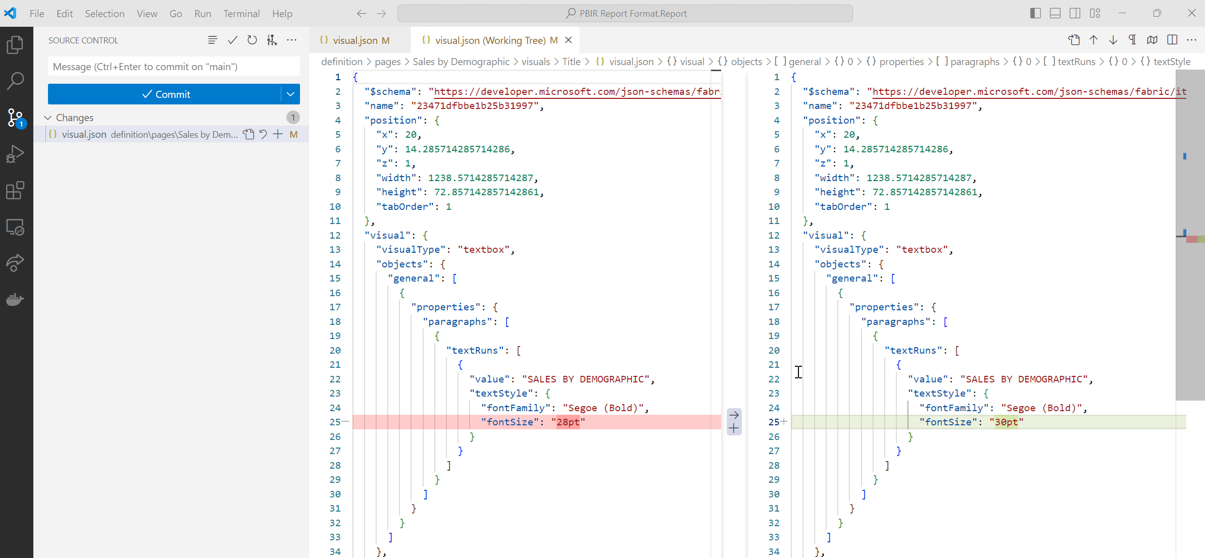 Comparing Git diffs of a Power BI report change in Visual Studio Code.