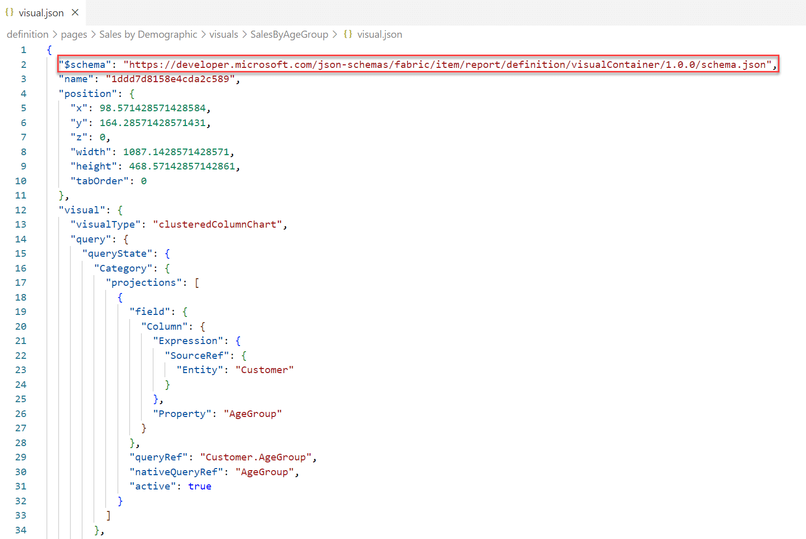 The JSON schema URL at the top of a visual.json file of the new PBIR report format.