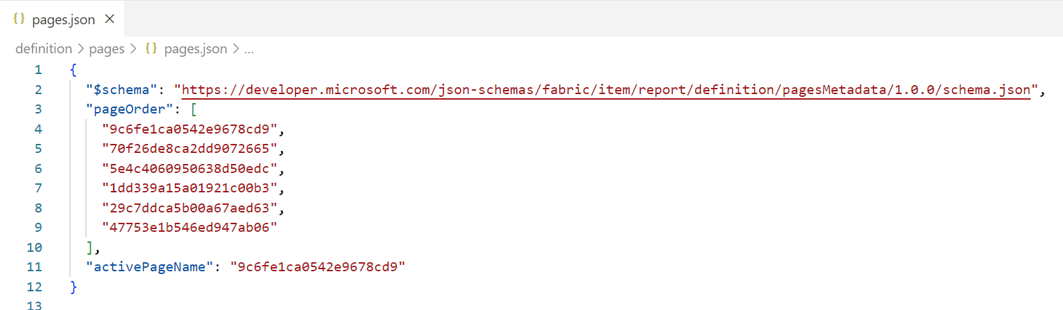 The pages.json file of the new PBIR report format.