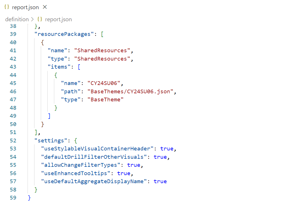 The report.json file of the new PBIR report format.