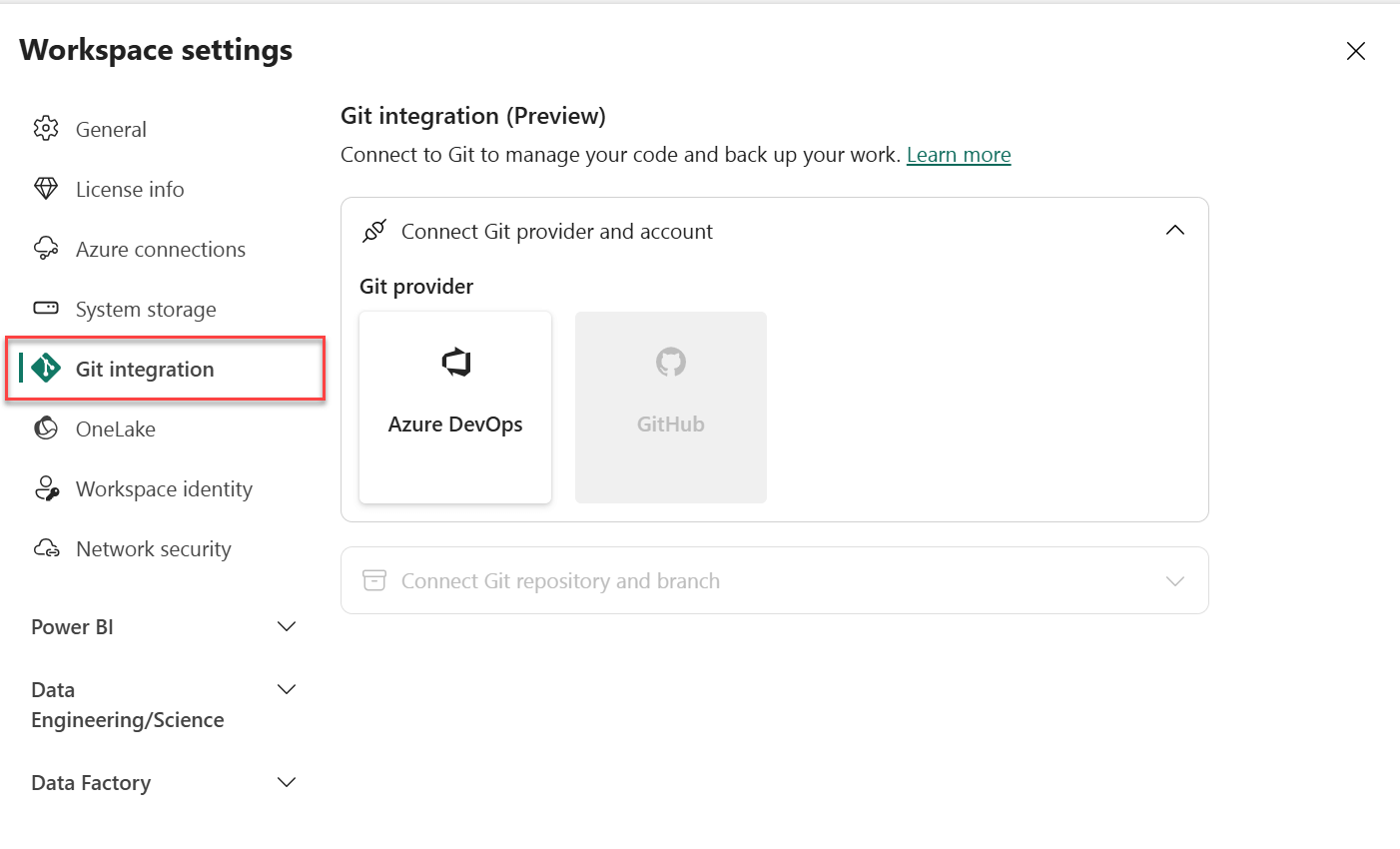 Fabric Git integration with Azure DevOps