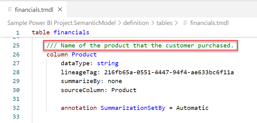 Description of column in the TMDL file for a table.