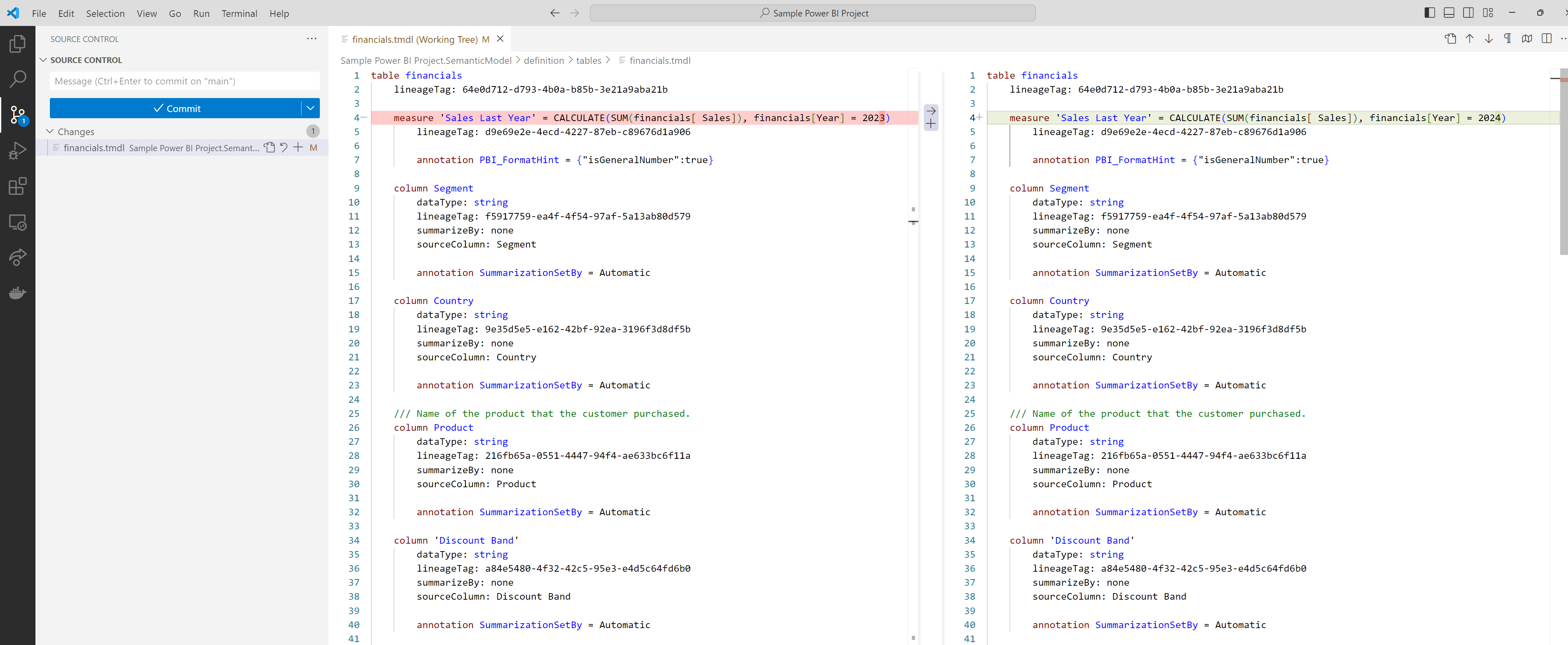 Git diff of a TMDL file