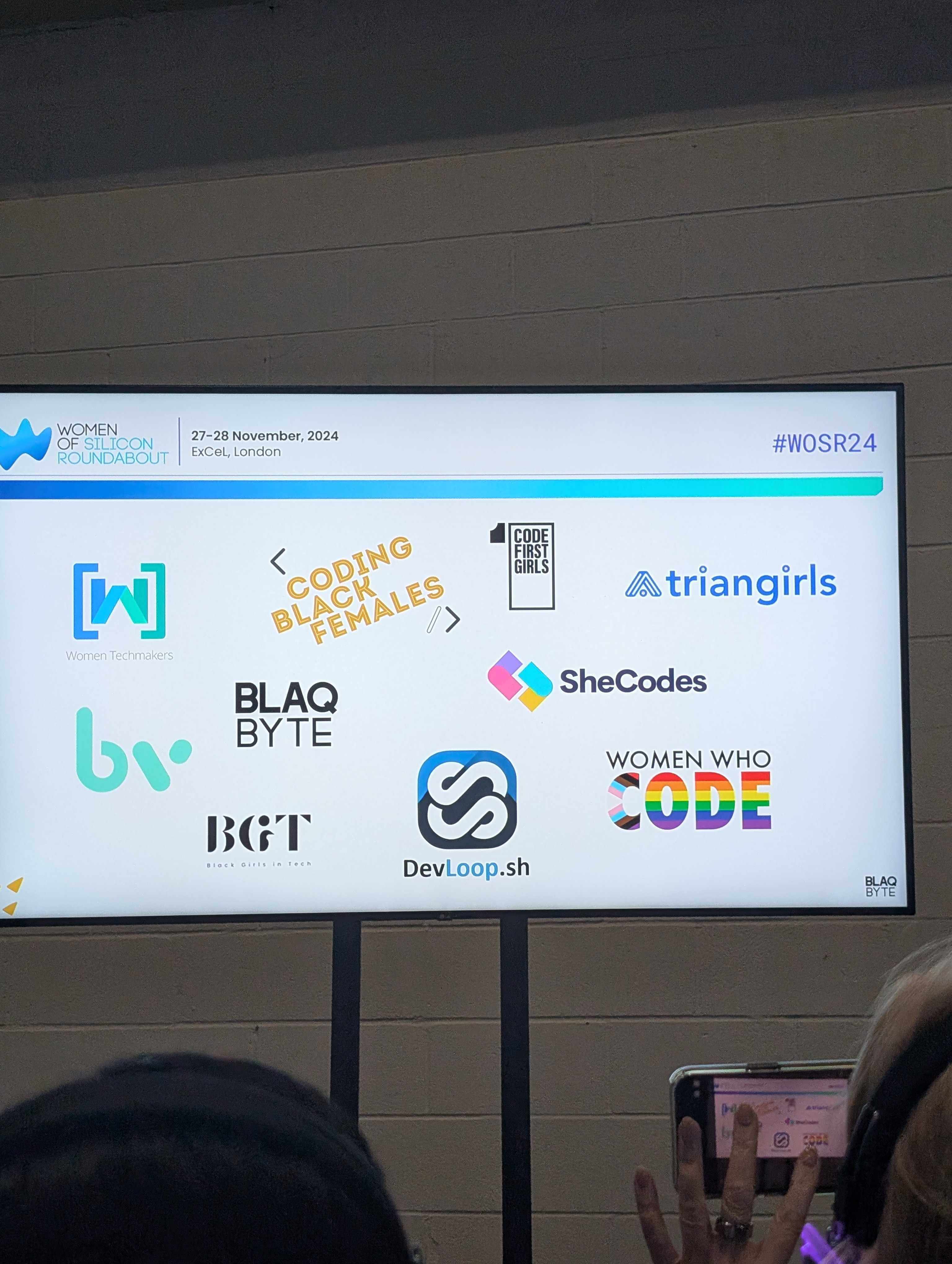 Slide showing organisations: CodeFirstGirls, CodingBlackFemales, SheCodes, BlaqByte, WomenWhoCode, DevLoop, triangirls