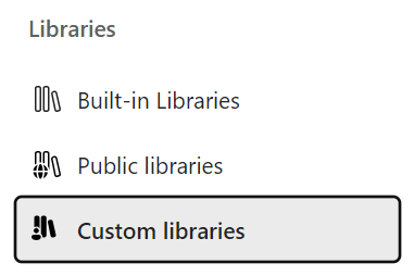 The 'Libraries' section of the 'Environment' page in Microsoft Fabric, with 'Custom libraries' highlighted