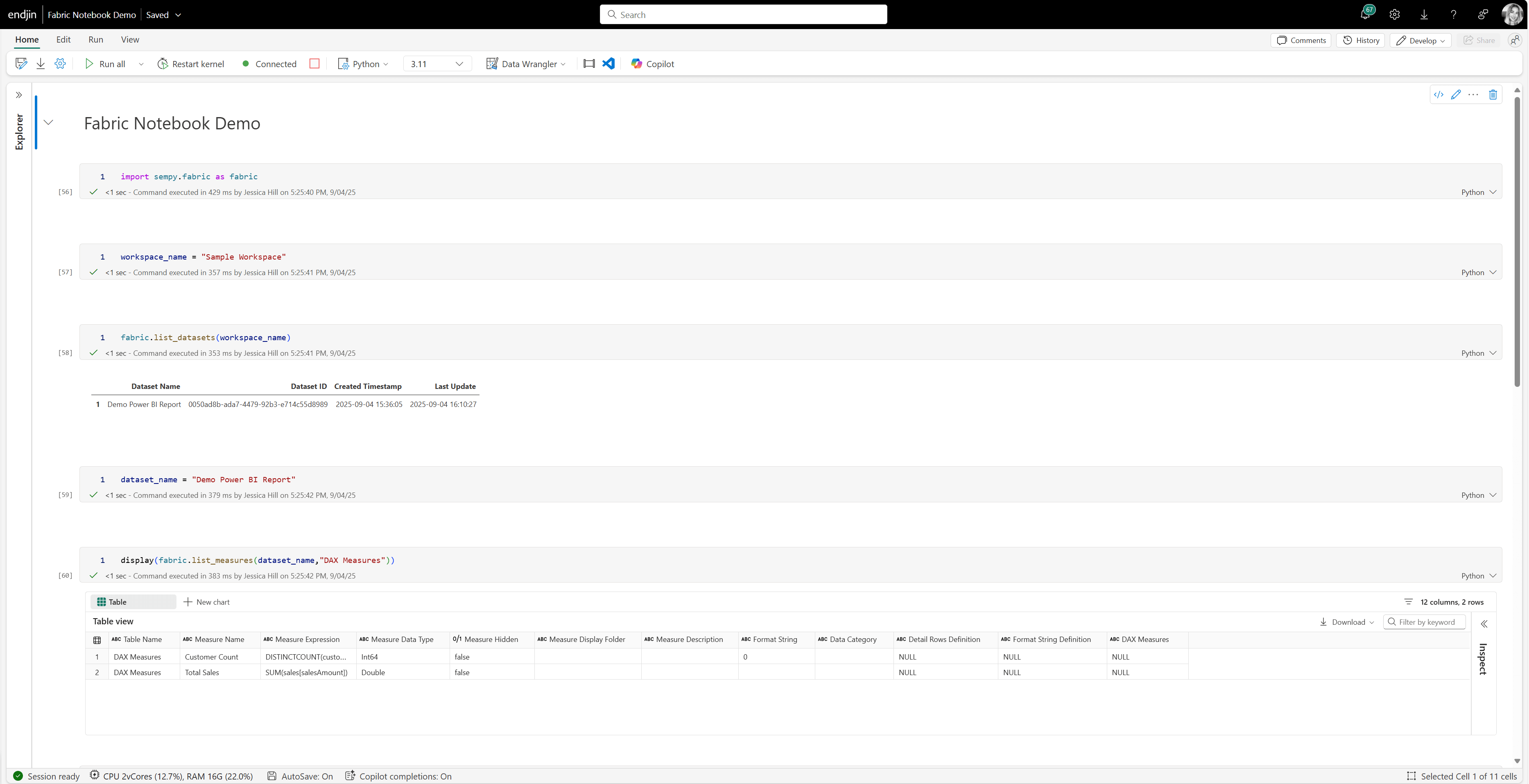 Using the SemPy library in Fabric Notebooks to connect to Power BI semantic models.