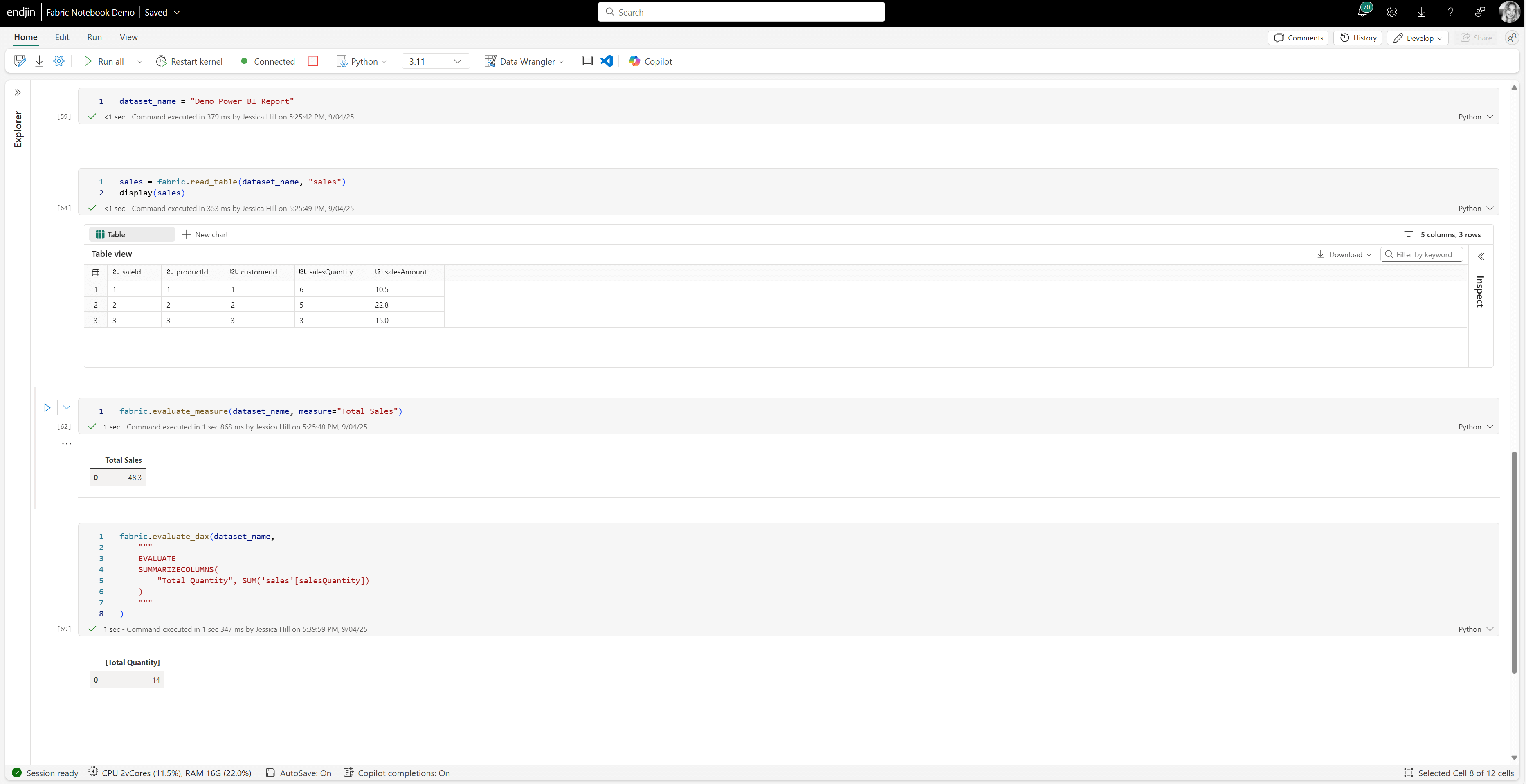 Using the SemPy library in Fabric Notebooks to retrieve DAX measures and write DAX expressions.