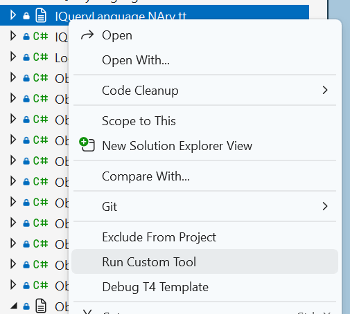 Visual Studio T4 context menu showing the Run Custom Tool and Debug T4 Template options