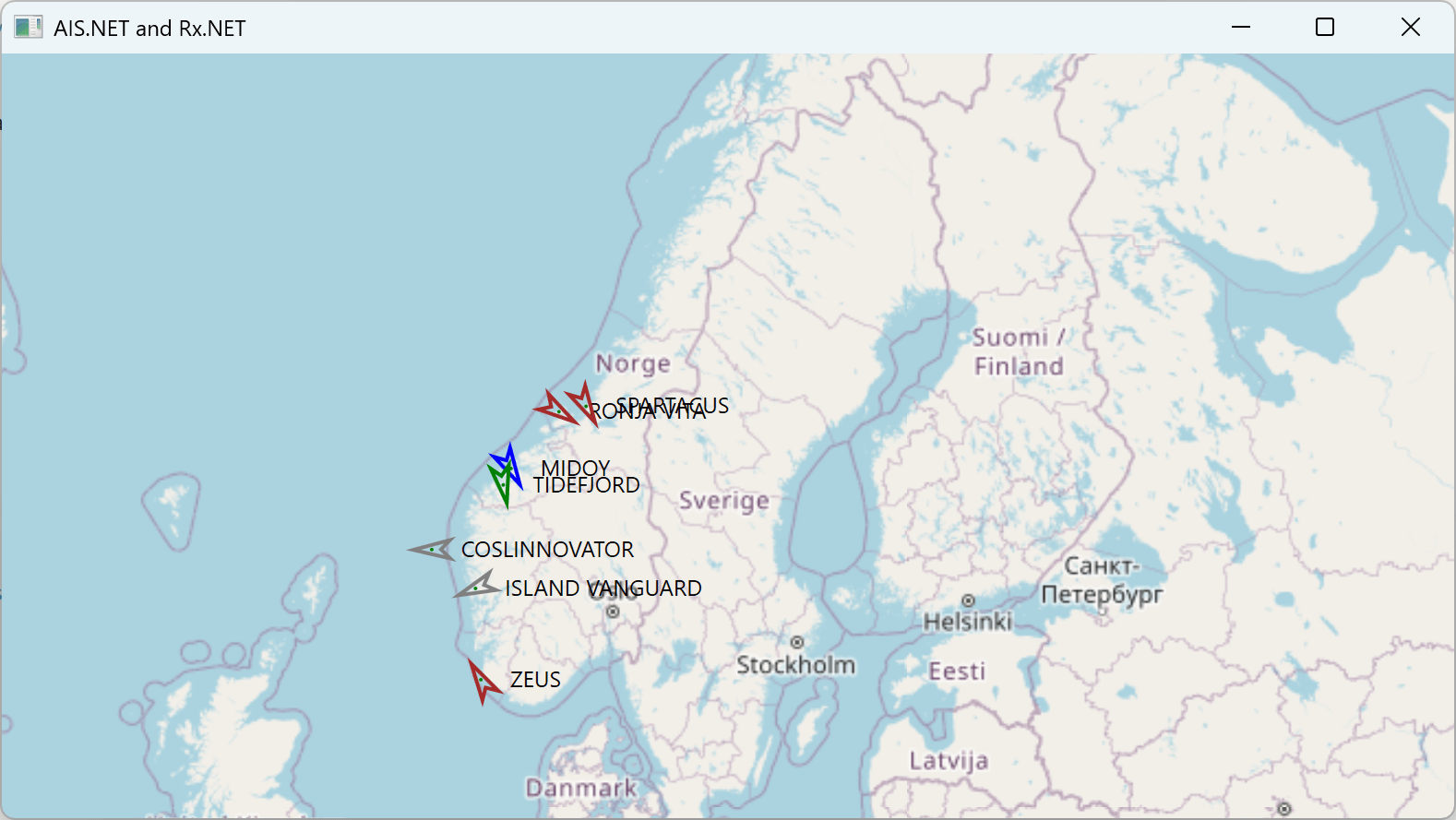 Windows application showing a map of Norway with various coloured arrows on it indicating the location of ships, each labelled with the ship's name