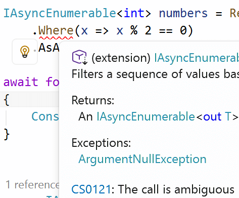 Visual Studio showing part of an error message popup indicating that the Where method call is ambiguous in this example