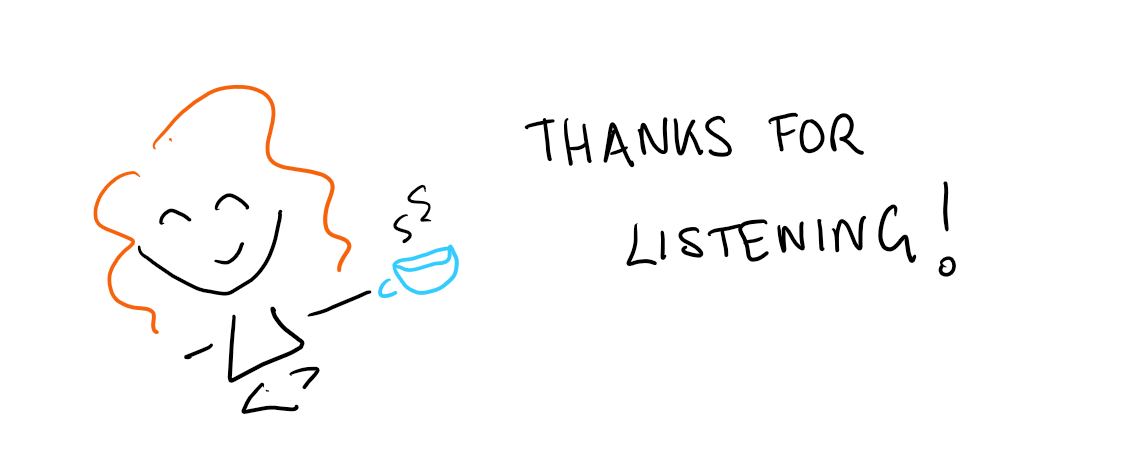 A doodlegram of me with a cup of tea, having finally finished writing this series